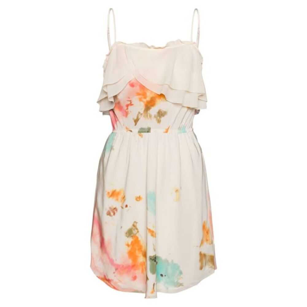 Wilfred Aritzia Watercolor Soft 100% Silk Dress Layered Ruffle Neckline Lined
